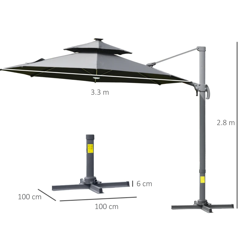 Best 3m Cantilever Parasol w/ Solar Lights Power Bank Base 360° Spin Dark Grey - Image 3