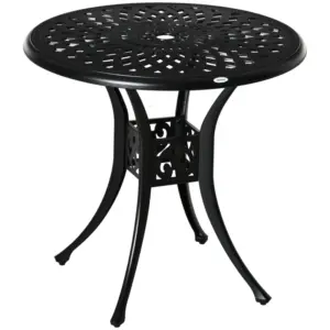 Best 78 cm Round Garden Dining Table with Parasol Hole Antique Cast Aluminium Outdoor Table Only, Black