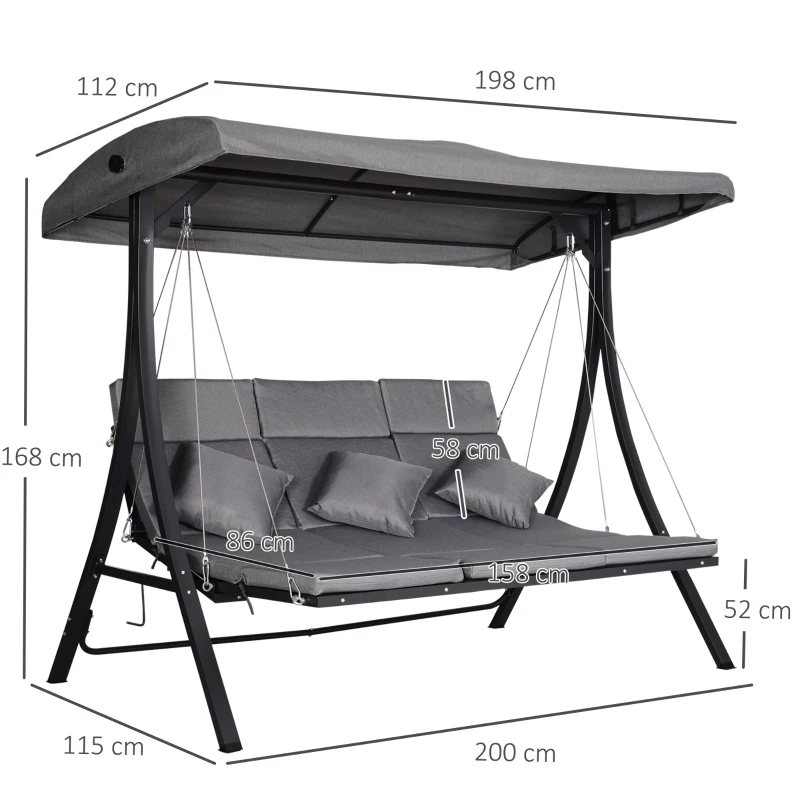 Best 3 Seater Garden Swing Seat Outdoor Swing Chairs Chaise Lounge Padded Seat Hammock Canopy Porch Patio Bench Bed Recliner Sun Lounger - Grey - Image 3
