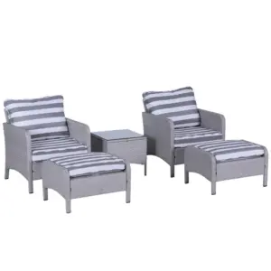 Best 5 Pieces PE Rattan Garden Furniture Set with 10cm Thick Padded Cushions, Wicker Weave Outdoor Seating Chairs with 2 Armchairs, 2 Stools, Glass Top Table, Grey and White