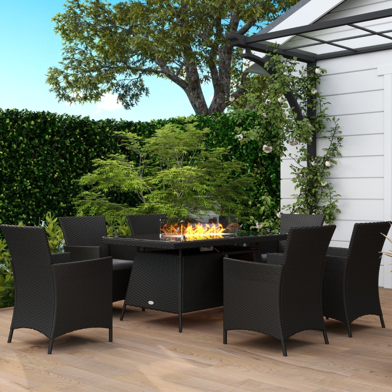Best 7 Pieces Outdoor Rattan Garden Furniture with Fire Pit Table, 6 Seater Garden Table and Chairs with Cushions, Rattan Dining Set with Propane Heater Table, Windscreen, 50,000 BTU, Black - Image 10
