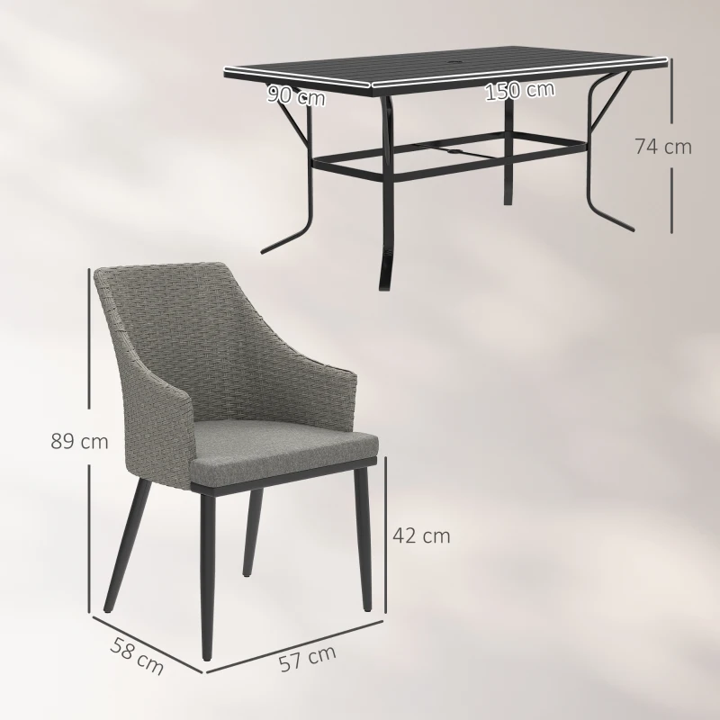 Best 6 Seater Rattan Dining Set with Cushions, Garden Furniture Set with Armchairs, Rectangle Slatted Table Top, Steel Frame, Parasol Hole, Wicker Outdoor Furniture for Patio, Balcony, Grey - Image 3