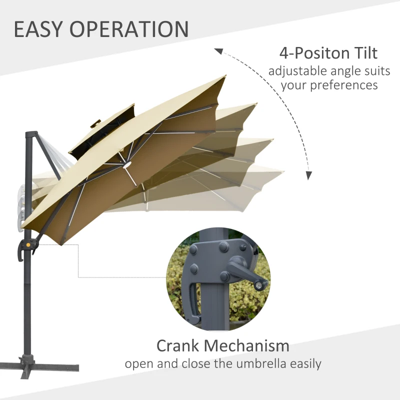 Best 3m Cantilever Parasol, Outdoor Offset Patio Umbrella, Solar LED Lighted Hanging Sun Shade Canopy with Tilt and Crank Handle, Cross Base for Lawn, Khaki - Image 5