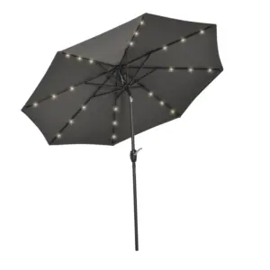 Best Φ2.7m Garden 24 LED Light Parasol Solar Outdoor Tilt Sun Umbrella Patio Club Party Event Manual Sun Shade w/ Hand Crank and 8 Ribs, Grey