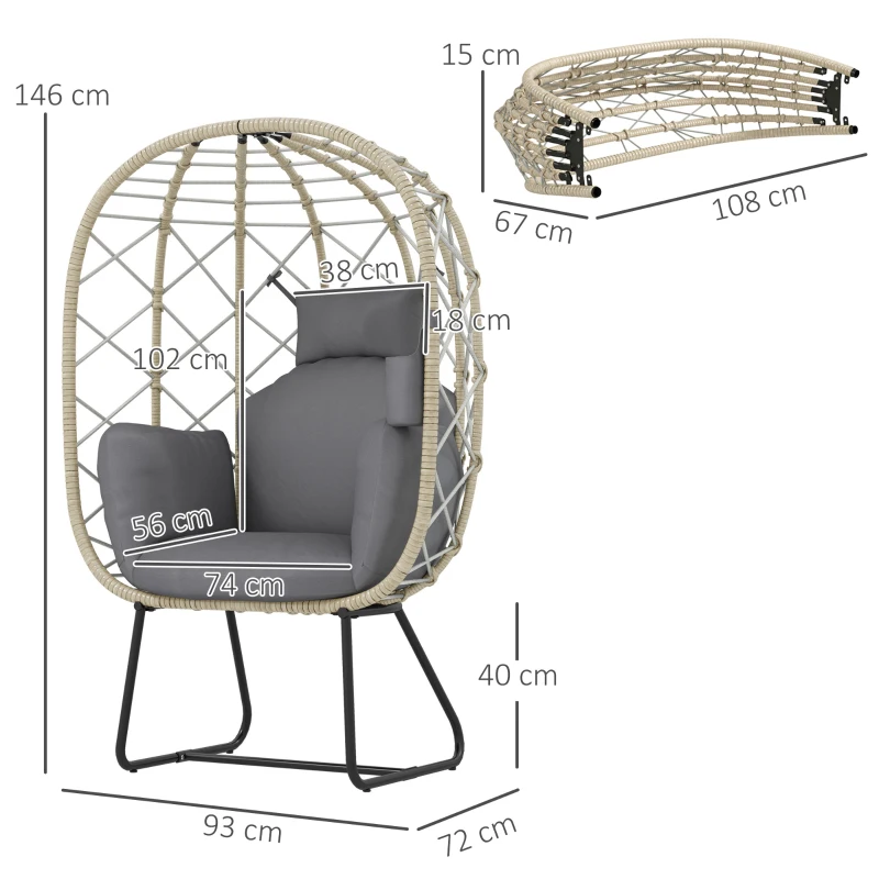 Best Rattan Egg Chair Outdoor Indoor Wicker Chair with Thickened Cushion and Headrest, Standing Garden Egg Chair with Cup Holder, Metal Frame for Patio, Balcony, Grey - Image 3