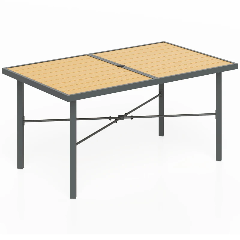 Best Garden Table for 6, Outdoor Dining Table with 5cm Umbrella Hole, Wood Effect Top, Rust Resistant Frame, for Patio, Balcony, Terrace, 150 x 90 cm