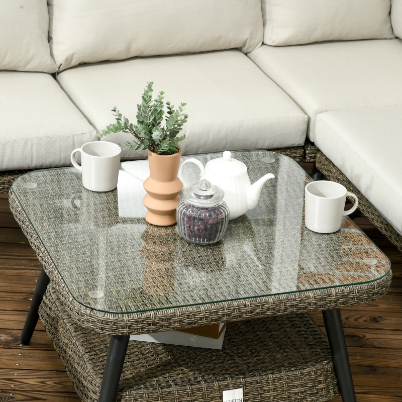 Best 5 Pieces Outdoor Rattan Corner Sofa, Round and Twin Half-round Wicker Woven Rattan Garden Furniture w/ Thick Padded Cushions and Tempered Glass Top Two-tier Table, Grey - Image 9