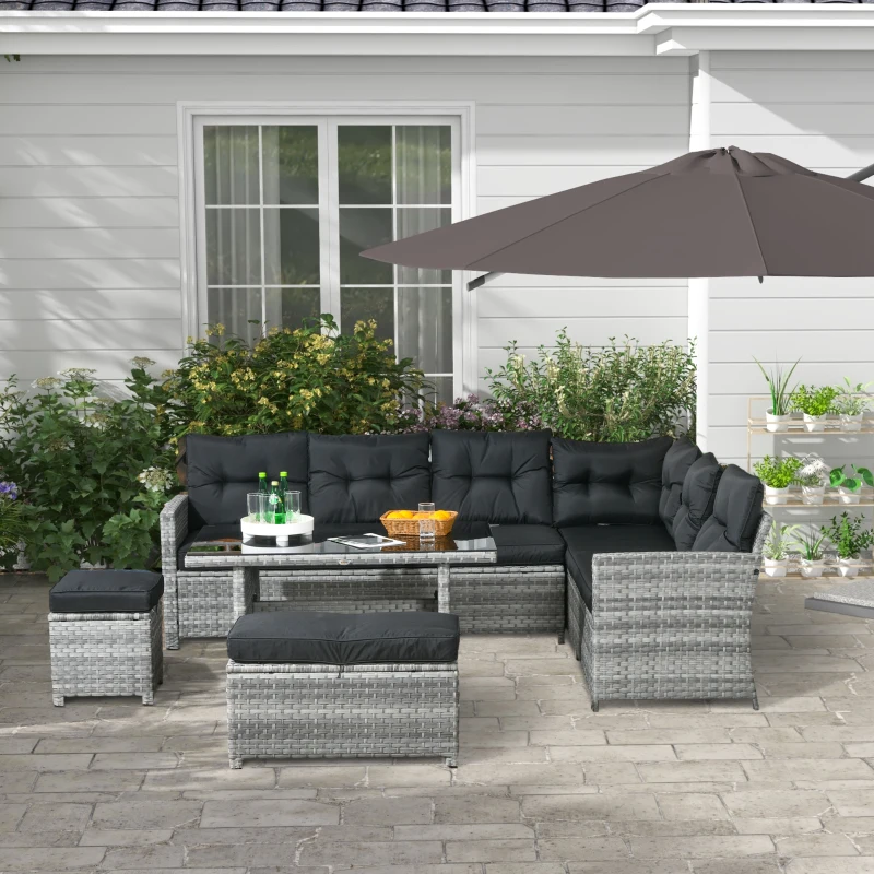 Best 5-Piece Rattan Patio Furniture Set with Corner Sofa, Footstools, Glass Coffee Table, Cushions, Mixed Grey - Image 2