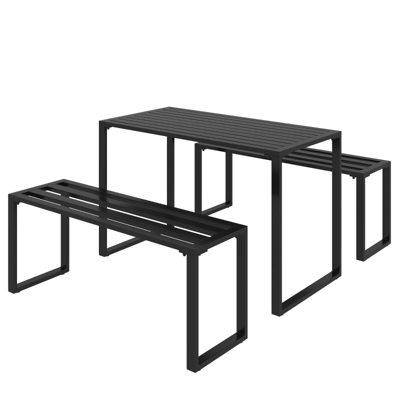 Best 3 Pieces Picnic Bench Set with Table and 2 Benches, Slated Design Dining Trestle Beer Table and Seat, Black - Image 11