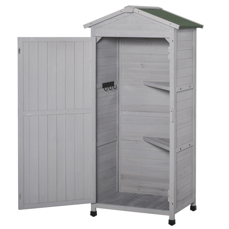 Best Wooden Garden Shed, Outdoor Storage Cabinet with 2 Shelves and Hooks, Locking Organiser Outdoor Narrow Tool House, 74x55x155cm, Grey - Image 10