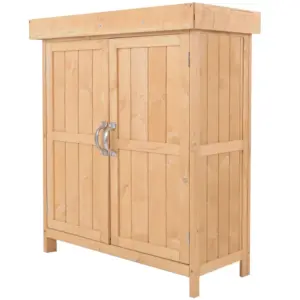 Best Wooden Garden Storage Shed with Hinged Roof and Shelves, Outdoor Storage Cabinet Chest, Double Doors, 74 x 43 x 88cm, Burlywood