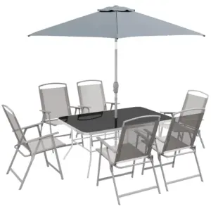Best Eight-Piece Garden Dining Set, with Chairs, Table and Parasol - Grey