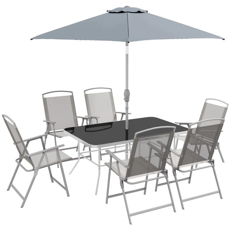 Best Eight-Piece Garden Dining Set, with Chairs, Table and Parasol - Grey