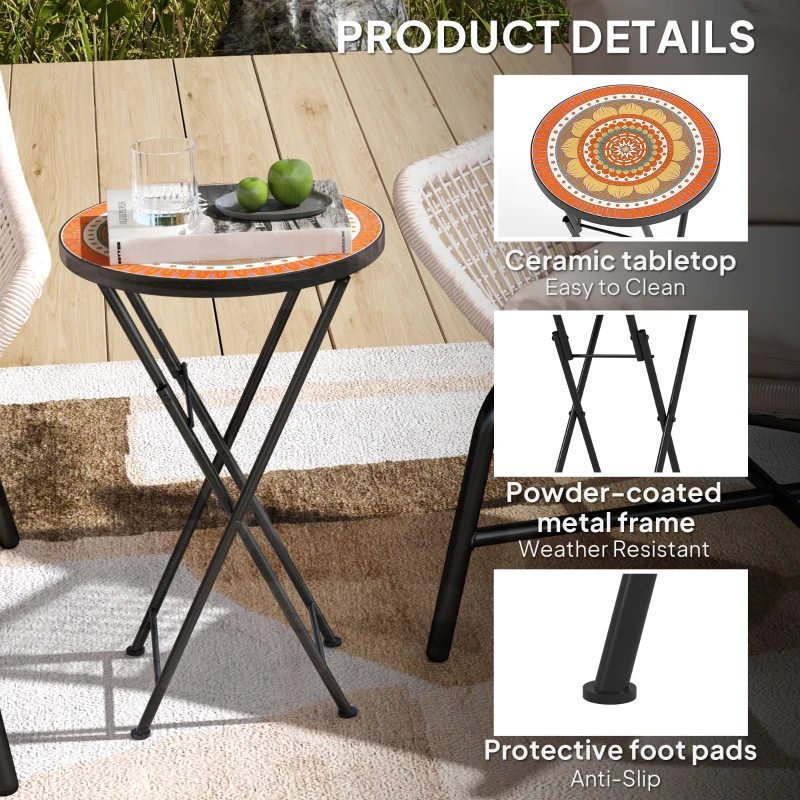 Best Mosaic Outdoor Garden Table, 35.5cm Round Folding Coffee Table with Metal Frame for Balcony Terrace, Orange - Image 6