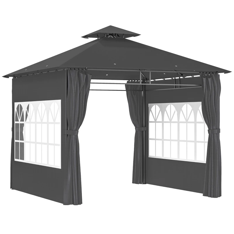 Best 3 x 3 m Garden Gazebo, Double Roof Metal Gazebo with Removable Sidewalls and Church Windows, Outdoor Canopy Shelter, Dark Grey