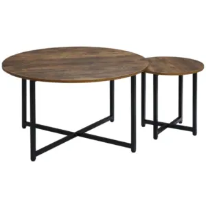 Best Round Coffee Table, Set of 2 Side Table with Metal Frame, Industrial End Table for Living Room Bedroom, Rustic Brown