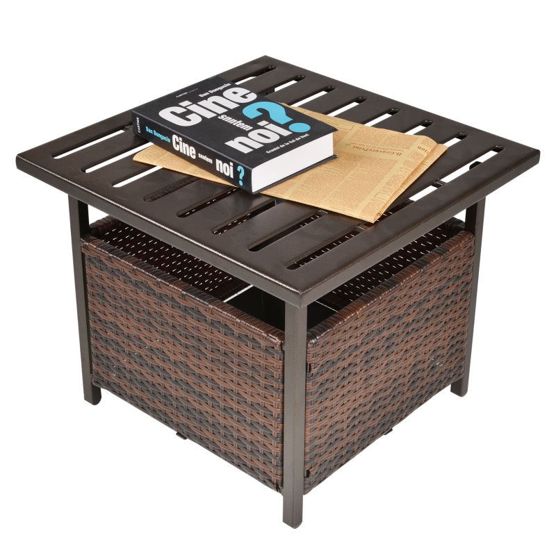 Best Rattan Garden Coffee Table, 55.5 cm Square Wicker Patio Side Coffee Table with 4 cm Umbrella Hole, Metal Bottom and Slatted Top for Outdoor, Balcony, Brown - Image 11