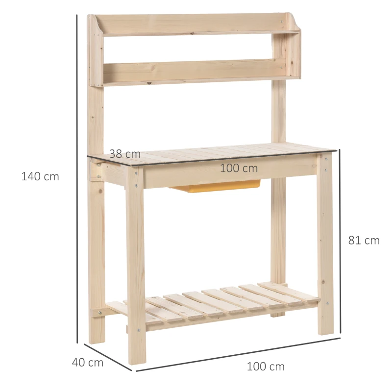 Best Garden Potting Bench w/ Sliding Tabletop, Wooden Workstation w/ Dry Sink, Outdoor Workbench Potting Table w/ Storage Shelf & Hooks, Natural - Image 3