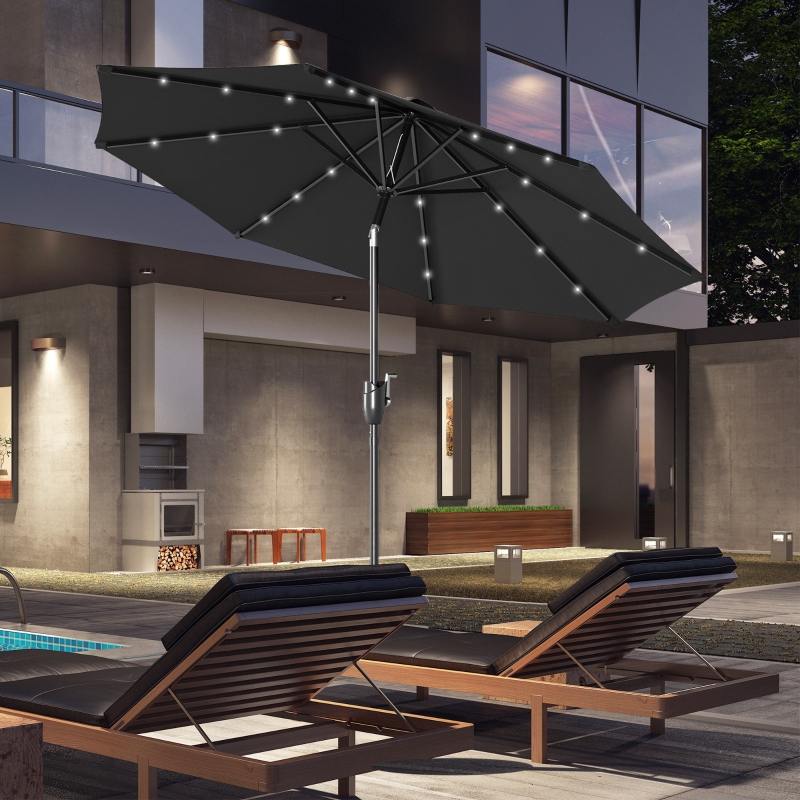 Best Φ2.7m Garden Parasol Solar Outdoor Tilt Sun Umbrella Patio Sun Shade w/ 24 LED Light, Hand Crank and 8 Ribs, Black - Image 10
