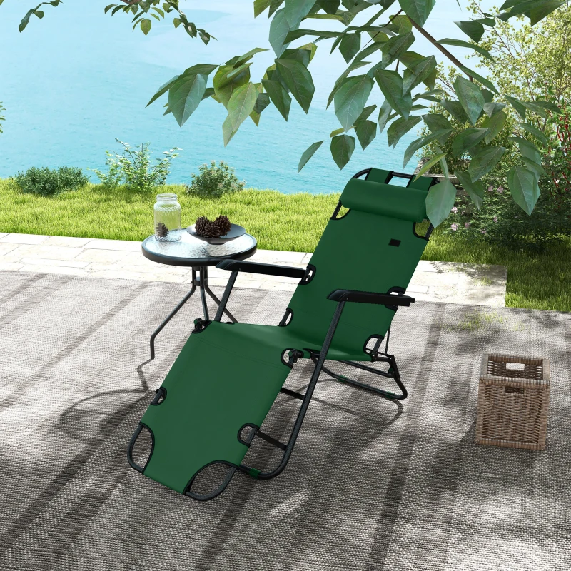 Best 2 in 1 Sun Lounger Folding Reclining Chair Garden Outdoor Camping Adjustable Back with Pillow, Green - Image 2