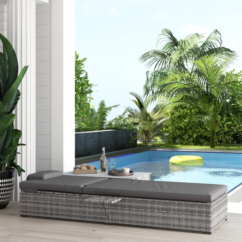 Best Outdoor Patio PE Rattan Lounger with Cushion, 5-Level Reclining Wicker Rattan Sun Lounger with Tea Tray, for Poolside, Patio, Deck, 120kg Weight Capacity, Grey - Image 10