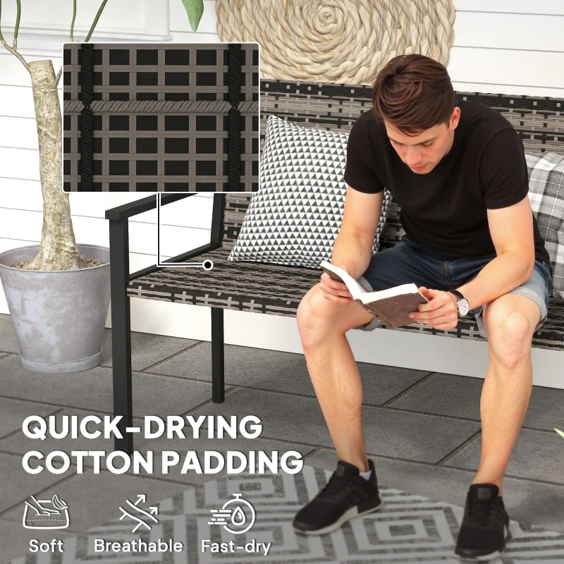 Best 2 Seater Rattan Garden Bench, Outdoor Bench with Quick-Drying Cotton Padding, Wicker Garden Loveseat with Armrests, Steel Frame for Patio, Park, Mixed Grey - Image 6