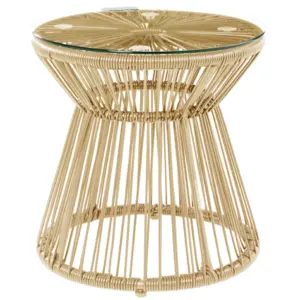 Best Round End Table, Rattan Side Table, Hollow Drum Design Coffee Table w/ Glass Tabletop for Patio, Garden, Balcony Natural