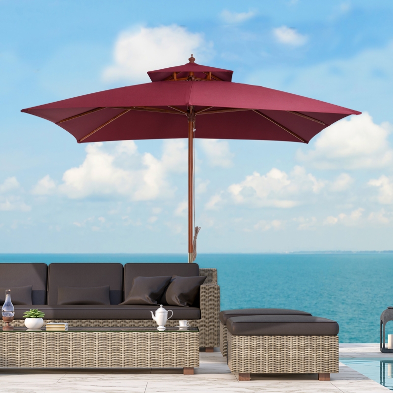 Best 3 x 3(M) Garden Parasol Umbrella Sunshade, Outdoor Wooden Parasol with Double Tier Canopy, Wine Red - Image 10