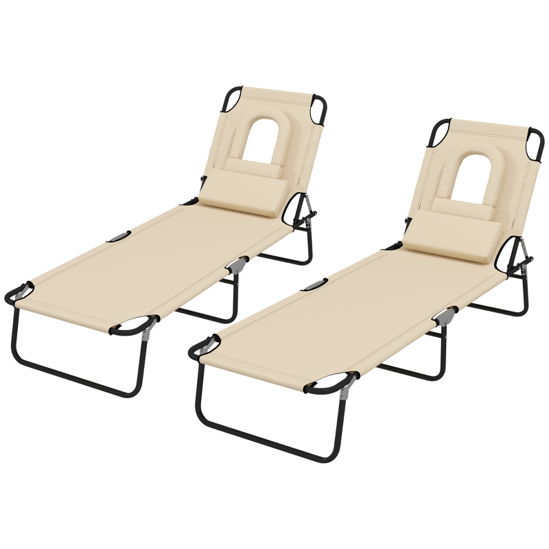 Best Outdoor Folding Sun Lounger Set of 2 with Face Hole, 4 Level Adjustable Backrest Reclining Garden Lounger, Garden Recliner Sunbed with 600 D Oxford Cloth Seat and Pillow for Beach, Sand - Image 11