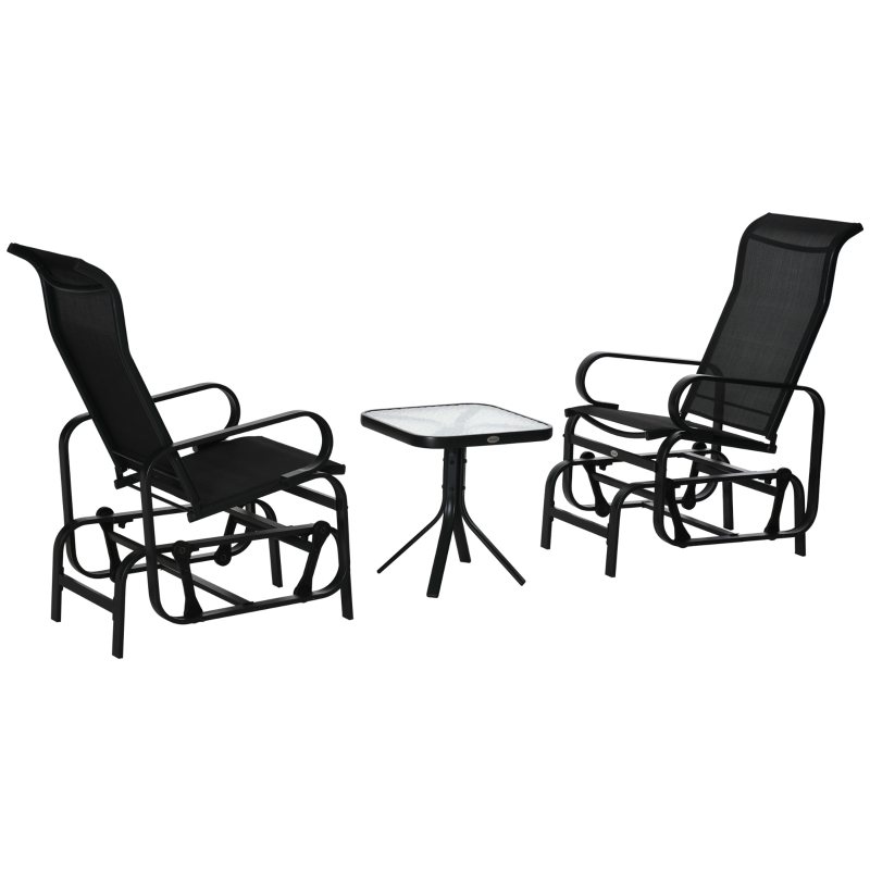 Best 3 Pieces Garden Gliding Chair Set, Metal Frame 2 Single Armchair Swing Seater and 1 Glass Top Coffee Table w/ Breath Mesh Fabric Seat, Black - Image 11