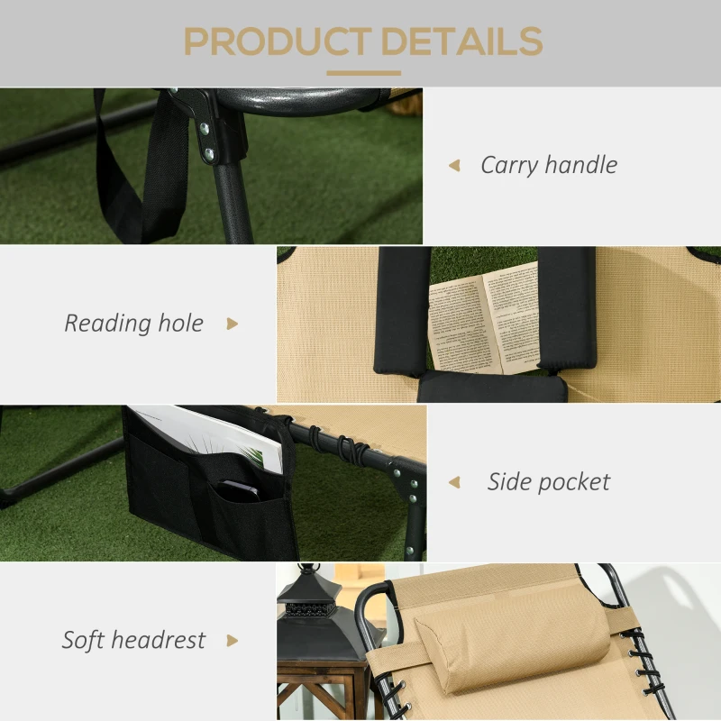 Best Folding Sun Lounge with 5-level Reclining Back, Outdoor Tanning Chair with Reading Hole, Outdoor Sun Lounge with Side Pocket, Headrest, for Beach, Yard, Patio, Beige - Image 5