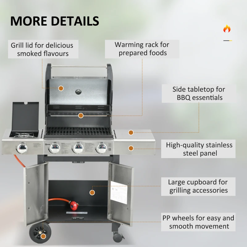 Best Gas Barbecue Grill 3+1 Burner Garden Smoker BBQ Trolley w/ Side Burner Warming Rack Side Shelves Storage Cabinet Piezo Ignition Thermometer Stainless Steel + Metal - Image 7