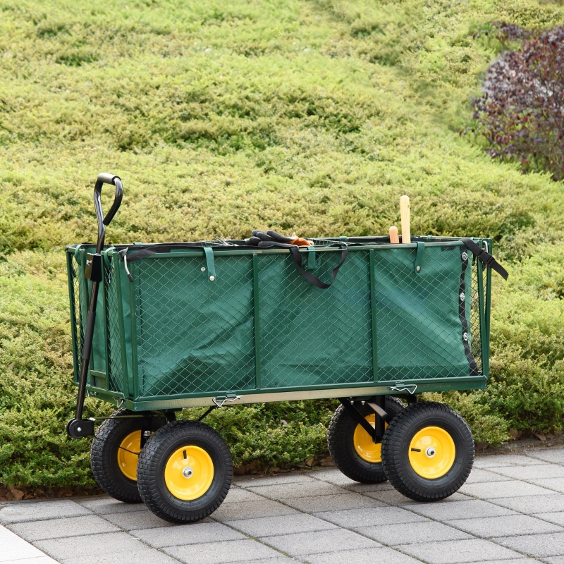 Best Large 4 Wheel Heavy Duty Garden Cart Truck Trolley Wheelbarrow with Handle and Metal Frame - Green - Image 13