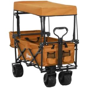 Best 120L Festival Trolley on Wheels, Folding Camping Trolley Cart with Removable Canopy, All-Terrain Wheels, Adjustable Handle and Side Pockets for Garden Beach Fishing Shopping, Orange