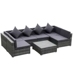 Best 7 Pieces Patio Wicker Sofa Set, Outdoor PE Rattan Sectional Furniture Set w/ Acacia Table Top & Cushion for Garden, Backyard, Grey