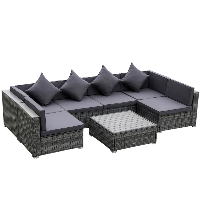 Best 7 Pieces Patio Wicker Sofa Set, Outdoor PE Rattan Sectional Furniture Set w/ Acacia Table Top & Cushion for Garden, Backyard, Grey