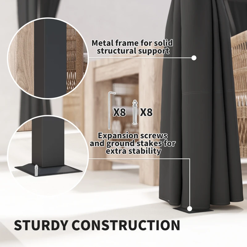 Best 3 x 3(m) Retractable Pergola, Garden Gazebo Shelter with Curtains, for Grill, Patio, Deck, Charcoal Grey - Image 6