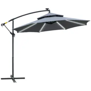 Best 3(m) Cantilever Banana Parasol Hanging Umbrella with Double Roof, LED Solar lights, Crank, 8 Sturdy Ribs and Cross Base for Outdoor, Garden, Patio, Grey