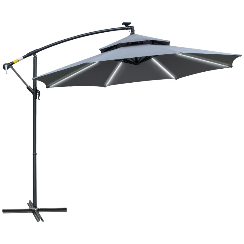 Best 3(m) Cantilever Banana Parasol Hanging Umbrella with Double Roof, LED Solar lights, Crank, 8 Sturdy Ribs and Cross Base for Outdoor, Garden, Patio, Grey