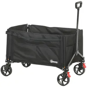 Best Folding Trolley on Wheels, 150L Collapsible Wagon Festival Trolley Cart with Openable Sides, Adjustable Handle and Brakes for Shopping Camping Beach and Garden, Black