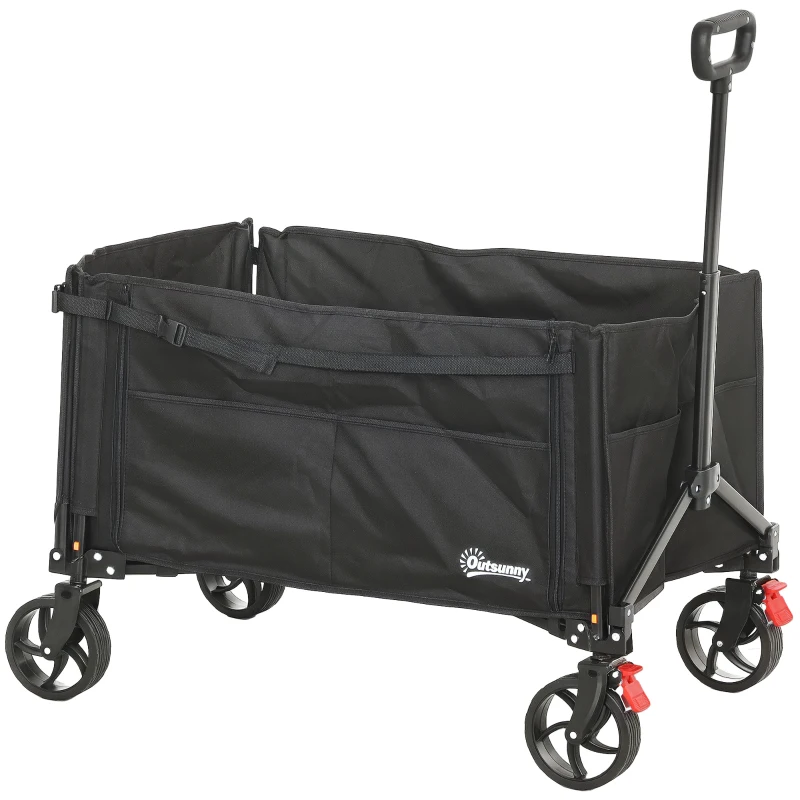 Best Folding Trolley on Wheels, 150L Collapsible Wagon Festival Trolley Cart with Openable Sides, Adjustable Handle and Brakes for Shopping Camping Beach and Garden, Black