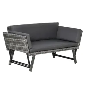 Best 2 Seater Rattan Sofa with Cushions, 2-in-1 PE Rattan Daybed Sofa with Left Up or Down Armrests, Garden Chaise Lounger Loveseat for Outdoor, Patio, Mixed Grey