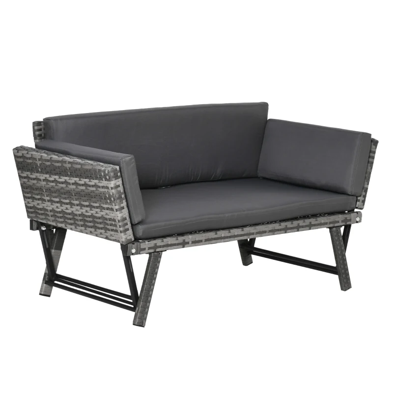 Best 2 Seater Rattan Sofa with Cushions, 2-in-1 PE Rattan Daybed Sofa with Left Up or Down Armrests, Garden Chaise Lounger Loveseat for Outdoor, Patio, Mixed Grey