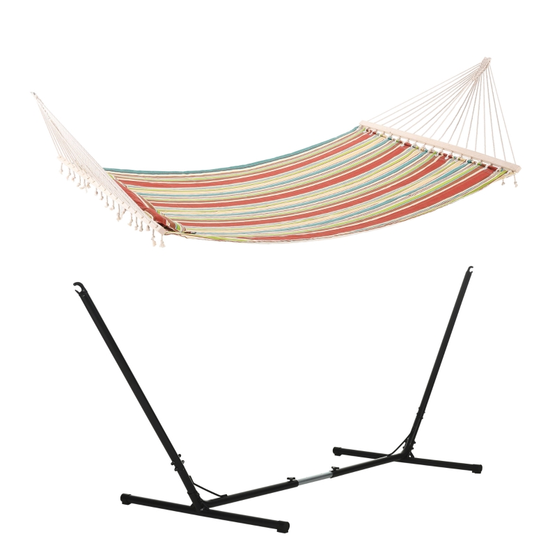 Best Outdoor Garden Hammock with Stand, Double Cotton Hammock with Adjustable Steel Frame, Swing Hanging Bed with Pillow, for Garden, Patio, Beach, Red Stripes - Image 11