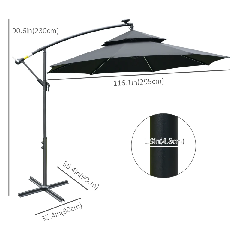Best 3(m) Cantilever Banana Parasol Hanging Umbrella with LED Solar lights, Crank, 8 Sturdy Ribs and Cross Base for Outdoor, Garden, Patio, Black - Image 3