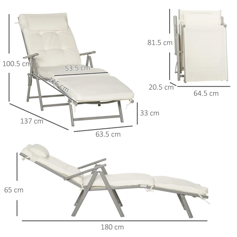 Best Sun Lounger Steel Frame Outdoor Folding Chaise Texteline Lounge Chair Recliner with Headrest & 7 Levels Adjustable Backrest, Cream White - Image 3