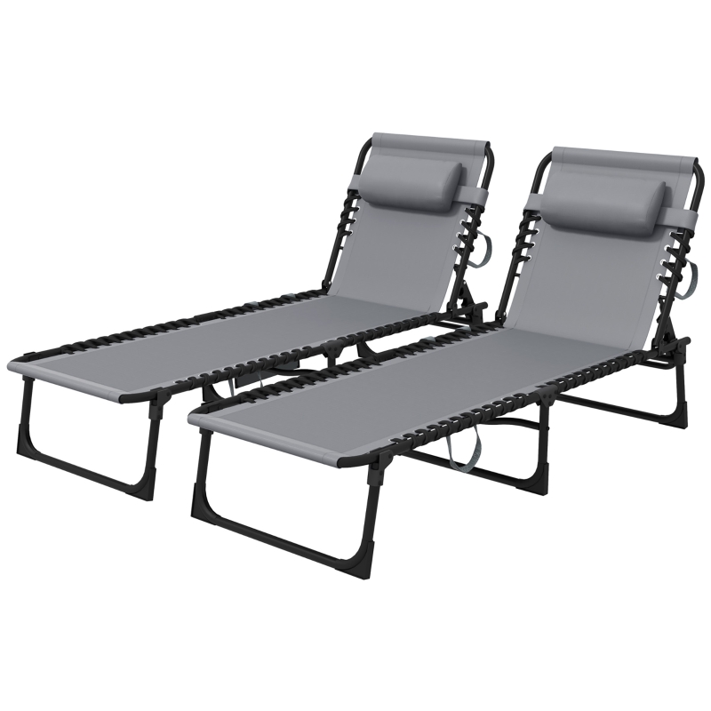 Best Portable Sun Lounger Set of 2, Folding Camping Bed Cot, Reclining Lounge Chair 5-position Adjustable Backrest with Side Pocket, Pillow for Patio Garden Beach Pool, Grey - Image 11