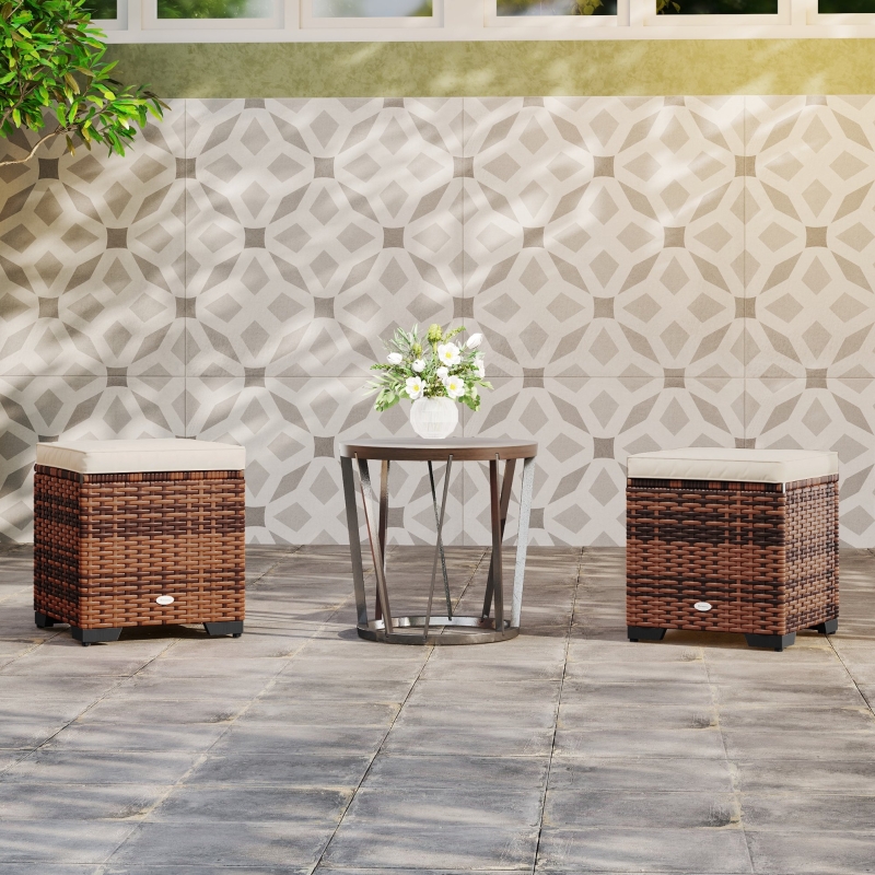 Best Set of 2 Rattan Storage Ottoman, Outdoor Footstool with Removable Cushions, Garden Storage Seat for Balcony, Poolside, Living Room, Beige - Image 10
