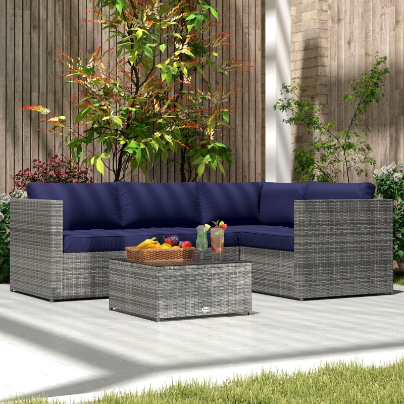 Best 3 Pieces PE Rattan Garden Furniture Set with 10 cm Thick Cushions, 4 Seater Garden Corner Sofa Set with Glass Top Coffee Table, Outdoor Furniture for Patio, Porch, Blue - Image 9