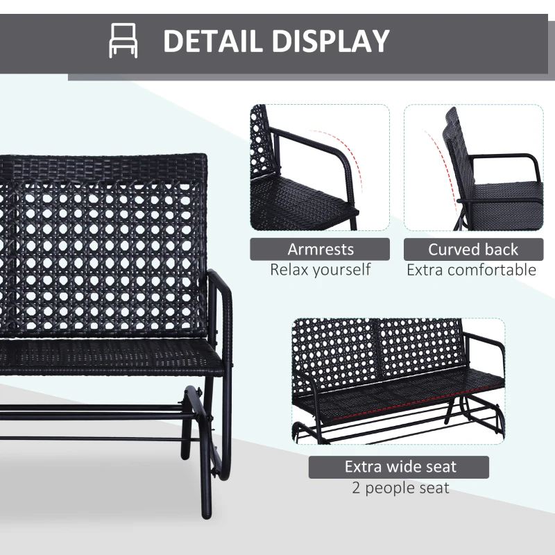 Best 2 Seater PE Rattan Glider Bench, Outdoor Loveseat Chair with Steel Frame, Porch Rocking Glider for 2 Person with Armchair, High Back, Black - Image 6